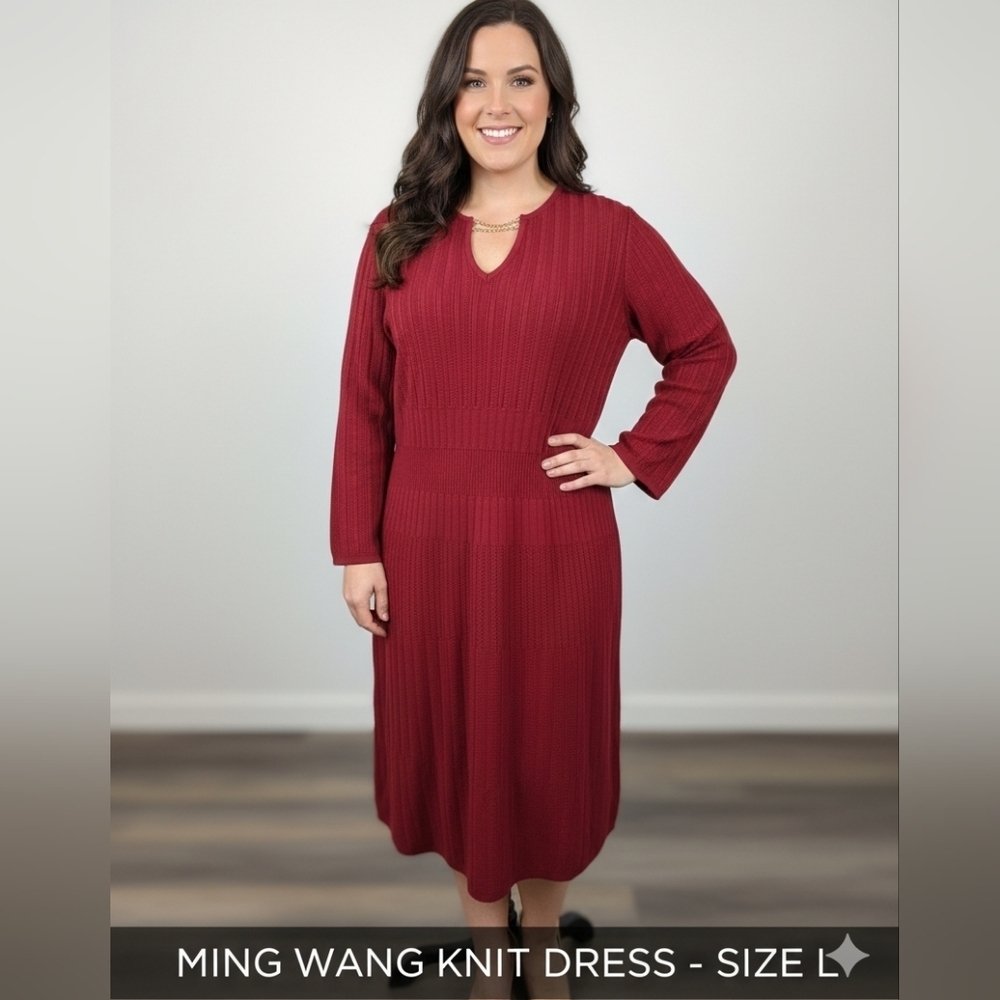 Ming Wang Textured Knit Long Sleeve Midi Dress Merlot Red Size L EUC